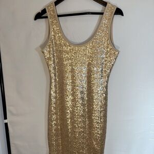 Daily Special Womens Size L Body Con Sequins Stretch Sleeveless Mini Dress Tan